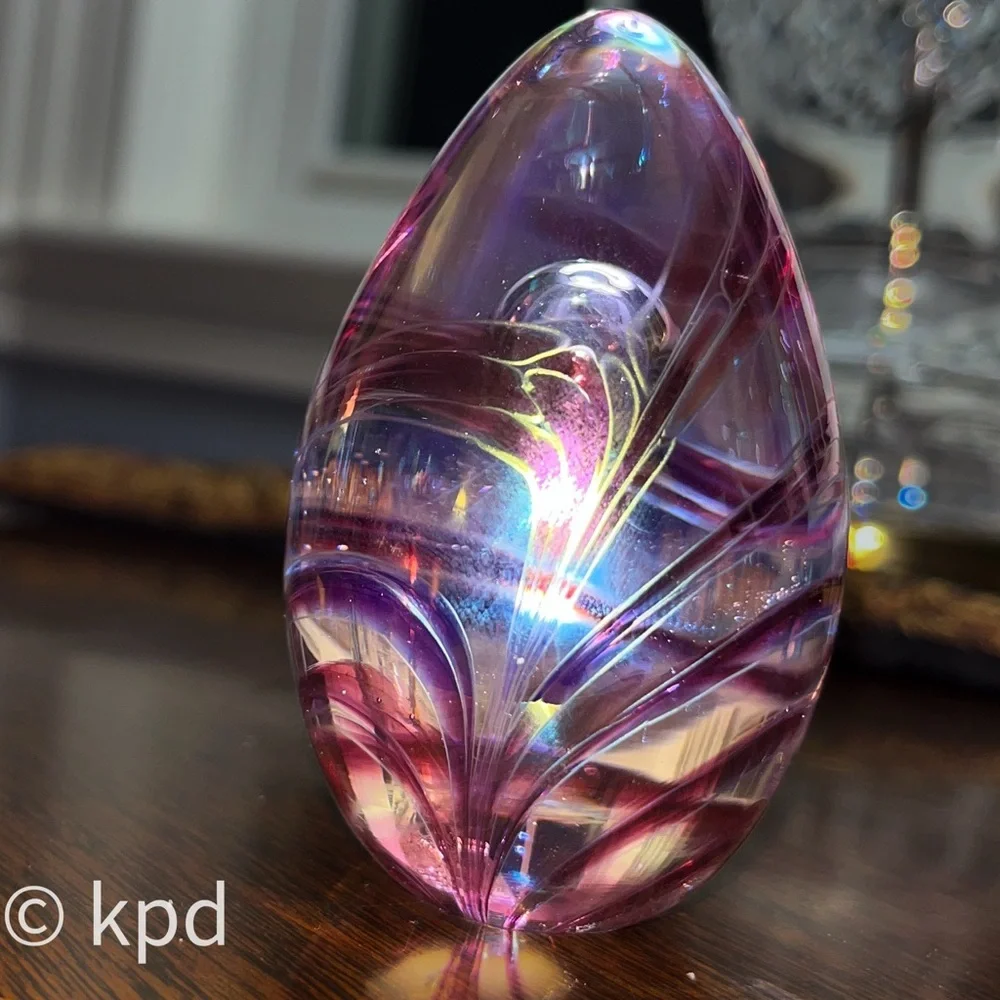 Glass Eye Studio Egg Iridescent Suspended Bubble Paperweight - Marked GES 96